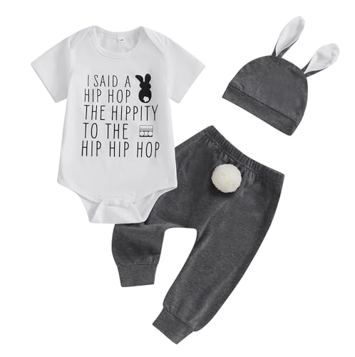 Image of Karuedoo Newborn Baby Boy Easter Outfit Letter Print Short Sleeve Romper Pompom Tail Long Pants with Hat 3Pcs Clothes Set