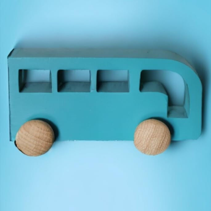 We Saw See Saw – Wooden Vehicle Set Soft Wooden Toy Car, Bus & Jeep (Bus – Blue)