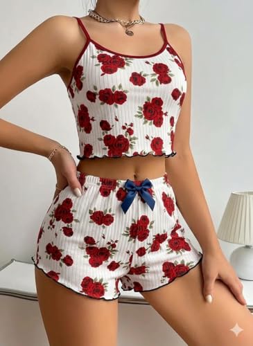 Image of SGC SWEDEN Women's Babydoll Lingerie Set with Boyshorts Panty, Cotton Blend, Multi-Colour, Free Size, 30-36 Inches, Adjustable Straps