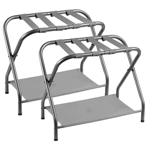 Heybly Luggage Rack,Pack of 2,Steel Folding Suitcase Stand with Storage Shelf for Bedroom, Hotel, Foldable Steel Frame, Guest Room Bedroom Hotel, 22.8"L x 11.8"W x 20.9"H, Gray,HLR004G2