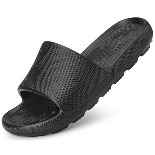 Frykun Slides for Men Shower Shoes Bathroom Slippers Non-slip Sandals Flip-flops for College Dorm Pool Home Beach Camping Gym Coach Bedroom Travel (Black 44-45)