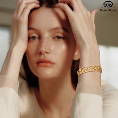 Dreamtimes Lotus Open Cuff Bangle Bracelet Stainless Steel lotus bracelet Elegant Hollow Carved Adjustable Bracelet for Women Boho Floral Jewelry Gift3