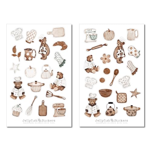 Backen Sticker Set - Aufkleber Kochbuch, Sticker Kochen, Rezeptbuch, Rezepte, Teddy, Bär, Backbuch, beige, neutrale Farben, Cupcakes, Topf