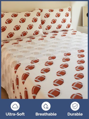 Image of Kids Full Size Football Bed Sheets - 4 Piece Kids Football Sheet Set - Sporty Touchdown Bedding - Ultra-Soft, Cute & Cozy - Breathable & Machine Washable - Bed Set for Boys, Girls, Teens & Toddlers