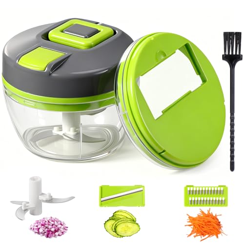 Diboniur Picadora Manual 520 ml, 3 en 1 Picadora de Verduras con Cuerda, Cortador de Verduras Manual, Multifuncional Trituradora de Alimentos para Verduras, Frutas, Nueces (Verde)