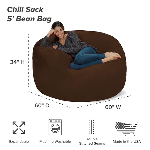 Chill Sack Bean Bag Chair - 5' Giant Memory Foam Lounge Chair with Soft Microfiber Cover – Cozy Furniture for Living Room, Dorm, & Kids' Rooms – Comfortable 5 Ft, Microsuede Lounge Sofa, Chocolate - Thumbnail 3