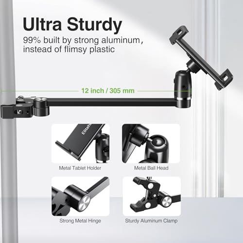 elitehood 12in Extra Long Arm iPad Mic Stand Mount, 360° Adjustable iPad Holder for Mic Stand, Tablet Holder for Microphone & Cymbal & Drum, Tablet Music Mount Fit 4.7-13in Devices