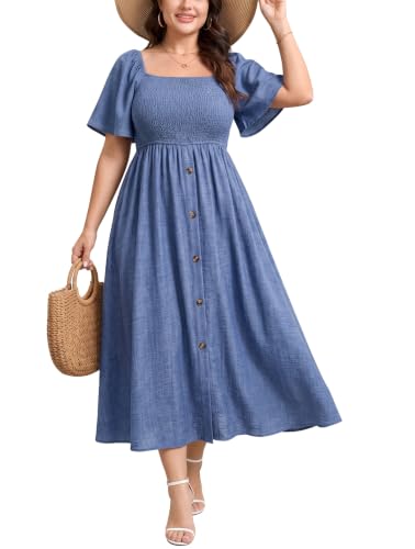 Image of Plus Size Casual Maxi Boho Dress for Curvy Women Short Sleeve Square Neck Smocked Summer Beach Dresses Button Down