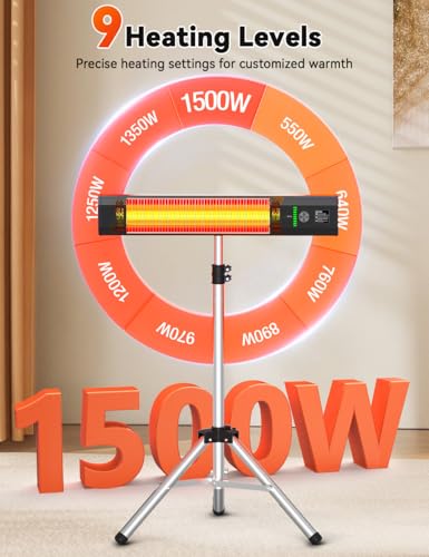 HETRAROOT 1500W Outdoor Heaters for Patio with 9 Heating Levels, IP65 Waterproof, 9H Timer, 25FT Remote Electric Patio Heaters for Outdoor Use, Tip-Over & Overheat Protection for Home, Office, Garage - Thumbnail 3