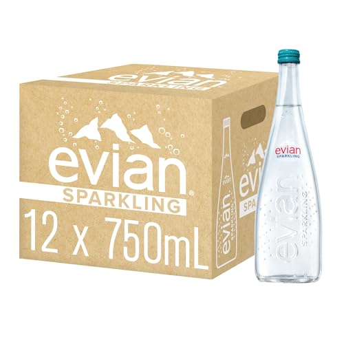 Evian Sparkling Carbonated Natural Mineral Water 750ml Glass Bottle, Case of 12 Bottles, Naturally Filtered Drinking Water, Sparkling Water Crafted by Nature