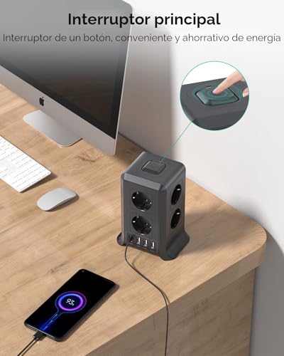 Torre Regletas Enchufes, Regleta USB 8 Tomas de AC y 4 USB Enchufe Multiple, 2500W/10A,Regleta Enchufes Proteccion Sobretension, 2M Regreltas Vertical con Interruptor para Mesa, Oficia, Casa, Negro - imagen 5