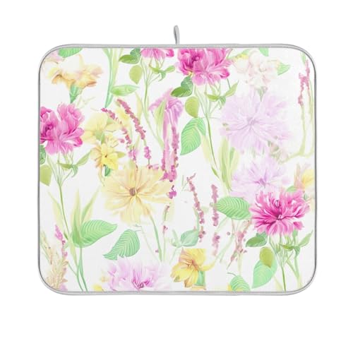 Tapete de secado de platos blanco floral en acuarela ultra absorbente con lazo para colgar para encimera de cocina, 18 x 24 pulgadas