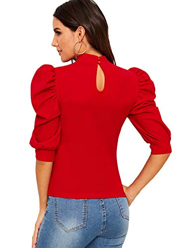 Romwe Women's Puff Half Sleeve Mock Neck Keyhole Back Slim Fit Blouse Tops Red S - Image 3