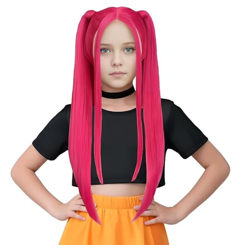 MAGQOO Hot Pink Wig Kids Long Straight Hot Pink Wig Child Girls Cartoon Movie Halloween Cosplay Costume Animie Wigs