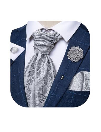 Image of DiBanGu Mens Silk Ascot Ties Paisley Jacquard Woven Cravat and Pocket Square Cufflinks with Lapel Pin for Business Wedding