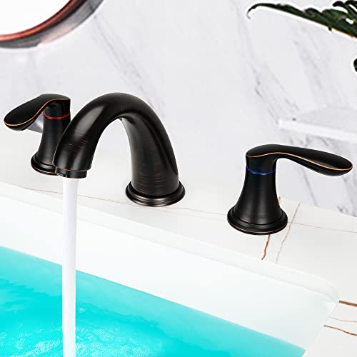Bathroom Sink Faucet, Faucet for Bathroom Sink, Widespread ORB Bathroom Faucet 3 Hole with Stainless Steel Pop Up Drain and cUPC Lead-Free Hose-(Oil Rubbed Bronze 2 Packs)