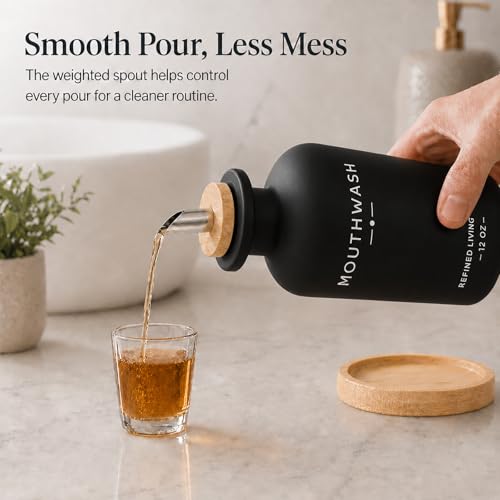 Image of Mouthwash Dispenser for Bathroom, 12 OZ Refillable Glass Mouthwash Bottle with Cup and Bamboo Tray, Decorative Mouth Wash Dispenser Set for Bathroom (Black)