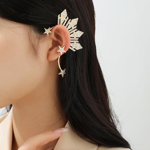 Gold Rhinestone ELf Cuffs Star Statement Earrings for Women2