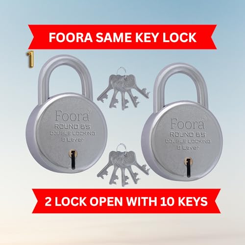 Image of Foora Same Key Lock Set | 2 Heavy Duty Padlocks with 10 Keys | Double Locking 8 Lever Mechanism | Strong Metal Body | Multiple Lock and Key for Home, Door Lock, Gate Lock, and Shutter Security