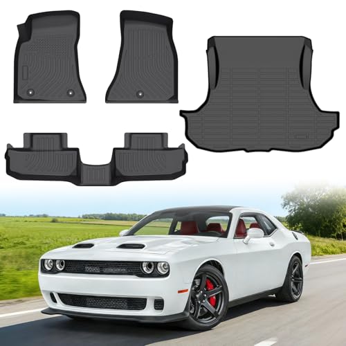 Floor Mats for Dodge Challenger RWD 2015-2023 (Not for 3.6L V6 Engine Models or AWD) Heavy Duty TPE All Weather Protection Waterproof Non-Slip Black (Two-Row Floor Mats & Cargo Liner)