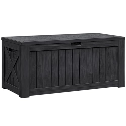 Flamaker Resin Deck Box 120 Gallon Waterproof Large Deck Boxes Plus Outdoor Indoor Storage Box Imitation Wood Resin for Patio Furniture Garden Tools and Pool,Dark Black