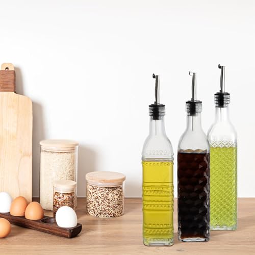 BIMUYI Glass Olive Oil Bottle Dispenser Set, 500ml Vinegar Dispenser Bottles, Kitchen Olive Oil Decanter Containers with Stainless Steel Funnel, 3 Spouts, 3 Plugs, Pack of 3 - Image 7