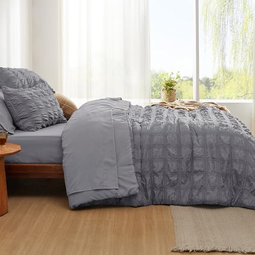 Bedsure Bed in a Bag Twin - 5 Pieces Plaid Seersucker Bedding Comforter Sets, Soft Lightweight Grey Boho Bed Set with Comforters Twin Size, Sheets, Pillowcase & Sham