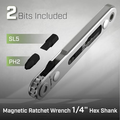 Image of Bates- Mini Ratchet Wrench, 1 /4 inch Magnetic 90 Degree Screwdriver, Gray, Low Profile Right Angle Screwdriver for Tight Spaces