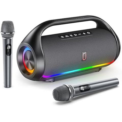 HWWR Portable Bluetooth Speaker with 2 Wireless Microphones, IPX5 Waterproof Speakers with Deep Bass & LED Lights, Loud Stereo Portable Speaker for Outdoor Indoor Home Parties Hiking Camping Cover