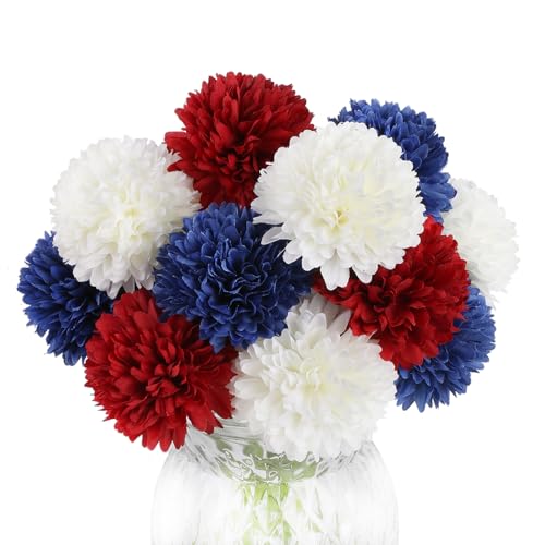 Jim's Cabin Artificial Flowers 12 Pcs Fake Silk Artificial Chrysanthemum Ball Hydrangea Bridal Wedding Bouquet for Kitchen Home Decor… (Blue.White,Red)
