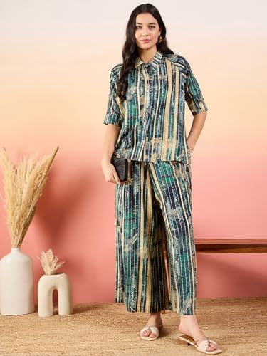 Image of Modeve Women Shirt Palazzo Foil Print Co-Ord Set