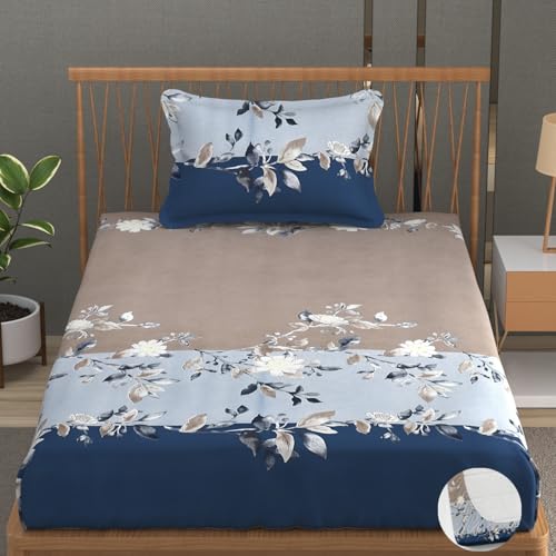 Image of Vram Premium Heavy Cotton Elastic Fitted Bedsheets with 1 King Size Pillow Covers || Single Bed with All Around Elastic 350 TC || 36 x 78 x 6 Inch Single Size Fitted || :- Blue Tricolor