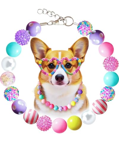 KUDES Bubblegum Dog Collar Necklace - Chunky 20mm Candy Beads with Stainless Steel Chain | Adjustable Rhinestone Pet Pearl Collar for Medium/Large Dogs | Daily Wear & Party Jewelry