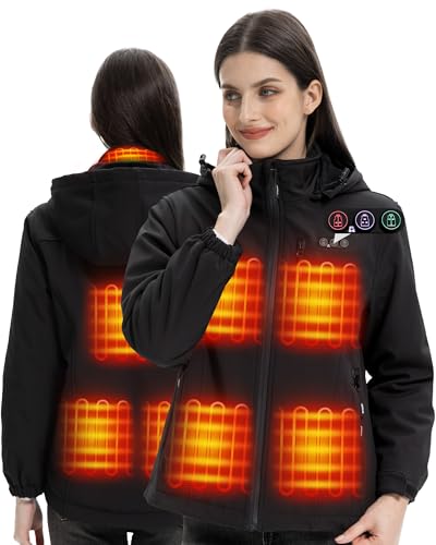 ARRIS Women`s Heated Jacket Waterproof, Electric Heating Coat with 7.4V Battery and Detachable Hood - 8 Heating Areas