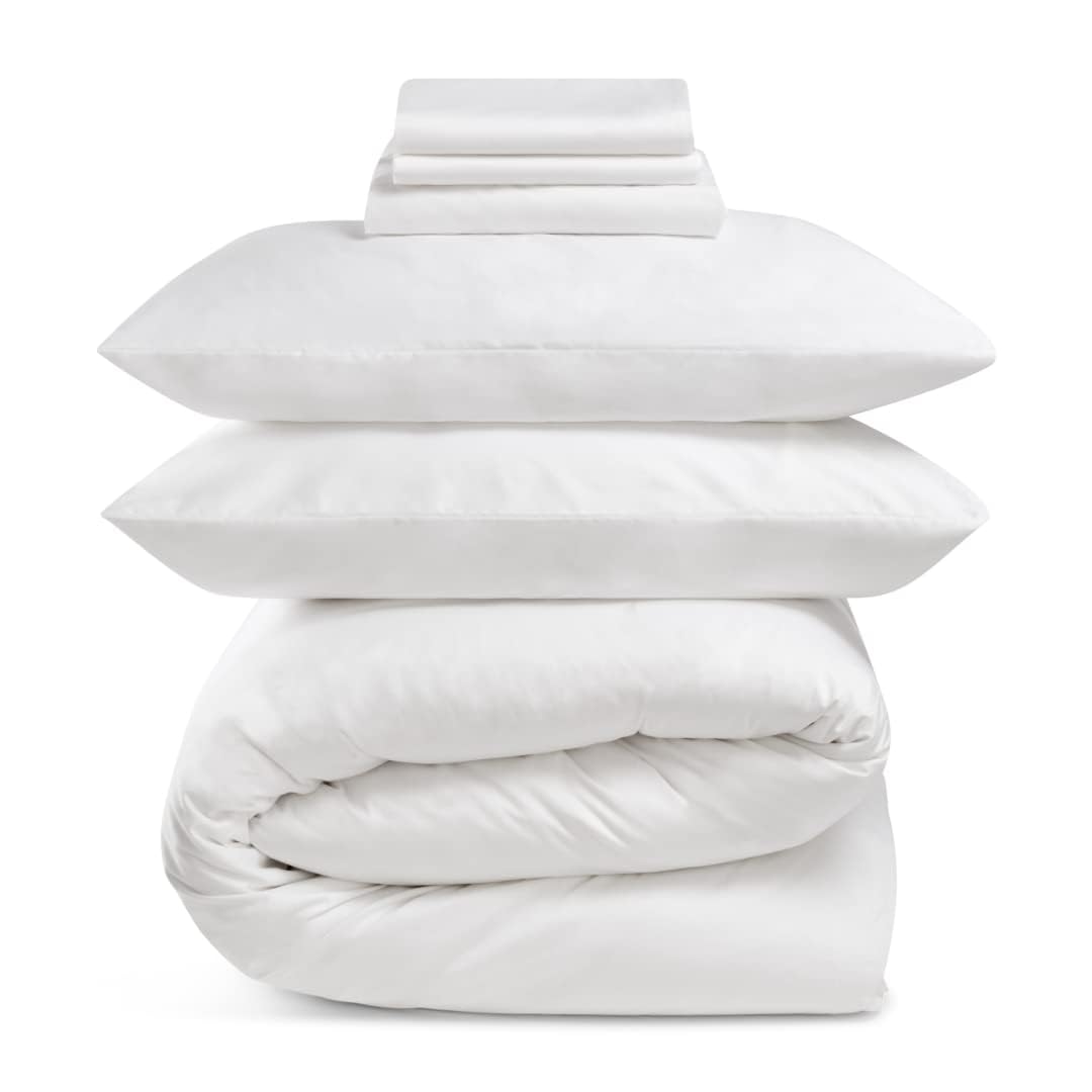 LinenbundleLuxury Core Bedding Bundle - Includes Fitted Sheet, Duvet Cover, Flat Sheet and 4 Pillowcases - 500 Thread Count, 100% Long-Staple Cotton Sheets, Queen White