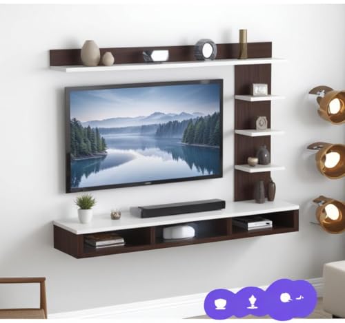 Image of High Strength & Durable Wall Mount Engineered Wood TV Entertainment Unit Stand Set Top Box Stand for Living Room Classic Walnut & Frosty White Large