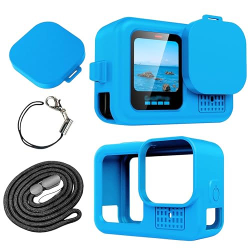 NHQZ Coque en Silicone pour Hero13/12/11/10,Étui de Protection,Film de Protection en Verre,Bouchon d'objectif et Dragonne pour G0 Pro Hero Série d'accessoires (Bleu)