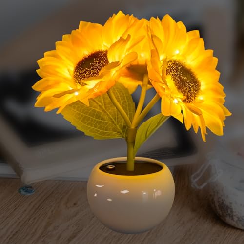 YATOSEEN Lampe Tournesol, Table LED Simulation Fleur avec Vase en Céramique, Veilleuse pour Décoration de Bureau, Salon et Maison