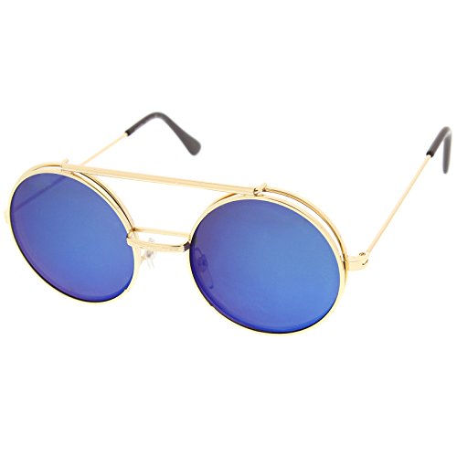 Limited Edition Mirror Flip-Up Lens Round Circle Django Sunglasses (Gold Ice)