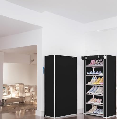 Image of OBBO Multipurpose 6-Shelf Storage Rack with Zip Door & Side Pockets - Dustproof Plastic Organizer for Shoes, Clothes, Toys & More | Foldable Space-Saving Storage Unit - Black