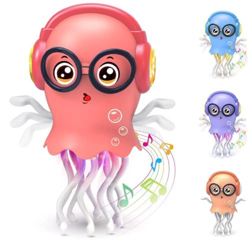 Image of Dancing Jellyfish Baby Toy, Electric Crawling Jellyfish Toy, Crawling Toy with Light and Sound - Interactive Tummy Time Toys for Boys Girls Birthday Gift (Rose Red /Multicolor)
