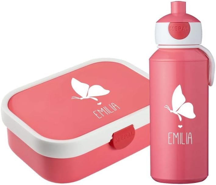 4youDesign Set: pinke Brotdose & Trinkflasche -Schmetterling Silhouette- personalisiert mit Namen – mit Box-Einsatz, Gabel & Pop-Up Flasche für die Schule (Pink)