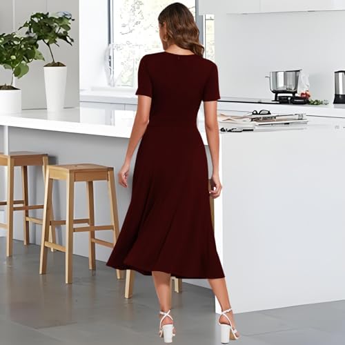 Image of shengfan Women's Casual A Line Swing Summer Dress Formal Short Sleeve Round Neck Wrap Evening Party Dresses