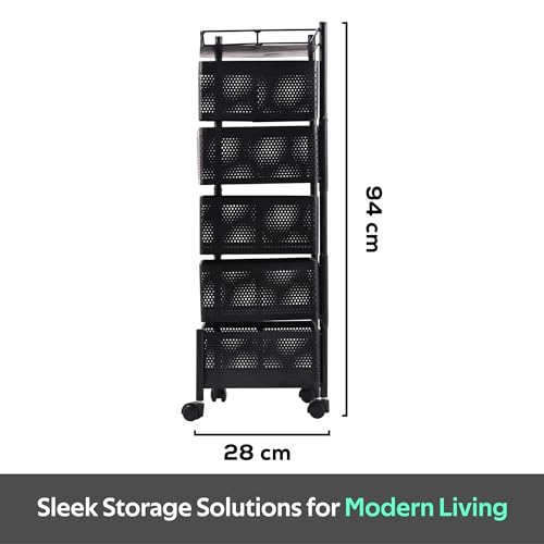 Image of Fun Homes 5 Layer Square Metal Vegetable Rack for Kitchen | Rotating Fruits & Pantry Items Stand | Multipurpose Kitchen Mesh Trolley Storage Rack with Wheels for Home | Onion-Potato Stand | Black