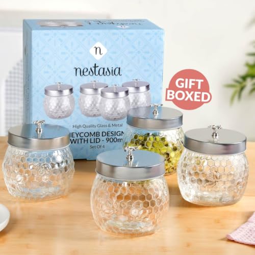 Image of Nestasia Set of 4 Glass Jars with Metal Lid (900ml Each) | Airtight Durable & 100% Food Safe Glass Container for Kitchen Storage - Ideal for Pickle, Dry Fruits, Pulses & Snacks (Honeycomb Design)