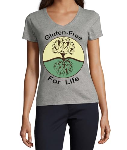T-shirt col en V pour femme en coton gris Gluten Free for Life