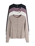 THE SET Damen Gerippte Langarmshirts mit Durchgehender Knopfleiste, 4er-Pack Navy/Pink/White/Stripe L