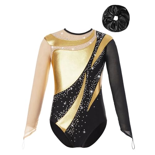 JanJean Leotards for Girls Shiny Mesh Splice Gym Kids Metallic Long Sleeve Color Block Ballet with Bodysuit Hair Band Gold&Black 10 Years