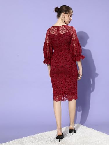 Image of Miss Chase Womens Bodycon Square Puff Sleeve Solid Lace Overlaid Ankle Length Dress