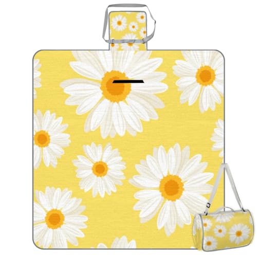 Shimoshe Picnic Blankets 57”x 59”, Yellow Background Daisies Waterproof Sandproof Picnic Mat Lightweight Foldable Beach Blanket for Camping Park Grass Beach Outdoor Blanket